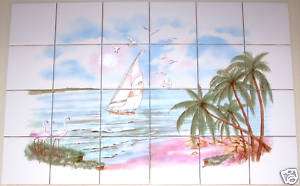 Tropical Island Ceramic Tile Mural Palms Flamingos 24Pc Backsplash 