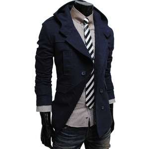   Mens casual double breasted cotton hood trench coat jacket NAVY  