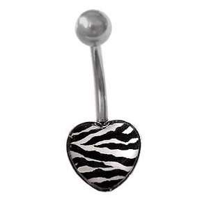 Zebra Black & White Animal Print Heart Belly navel Ring piercing bar 