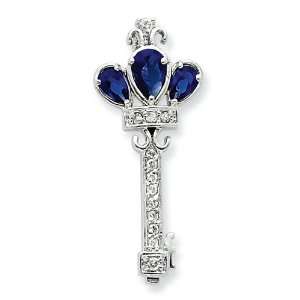  Sterling Silver Blue Glass & CZ Key Pendant: Jewelry