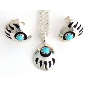  Navajo Turquoise Bear Paw Pendant & Earrings Jewelry