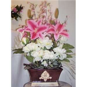 Pink Lillies, White Peonies & Cherry Blossom Branches:  