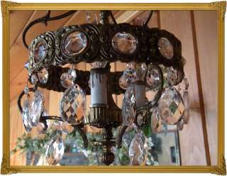 Original Vintage Brass Chandelier Crystal Prisms 3 Light Made in Spain 