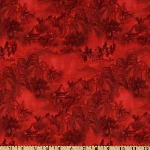  44 Wide Silk Garden Toile Red Fabric By The Yard: Arts 