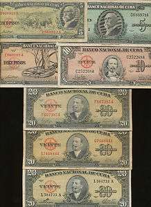 Banknote collection Cuba old ,used simple quality 1949 1960, 7 pcs 