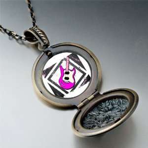 Music Theme Pink Electric Guitar Photo Pendant Necklace 