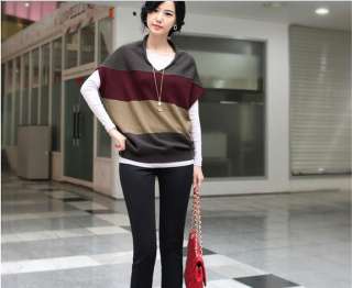 Women V neck Wide Stripe Batwing Sleeve Blouse Shoulder Stripe Sweater 