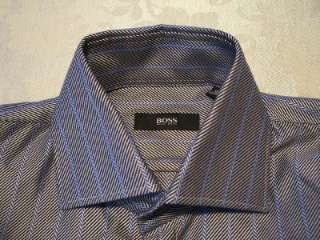 Hugo Boss Mens M Silver Black Blue Striped Cotton Dress Shirt  