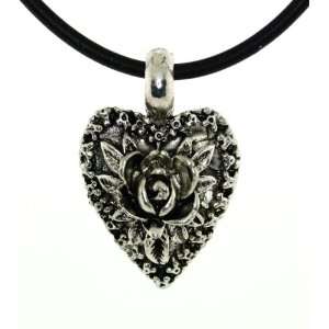  Silver Tone Heart with Bloomed Rose Flower Pendent Cord 