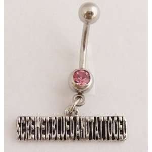 Screwed Blued and Tattooed with Pink CZ Stone Belly Ring 316l Surgical 