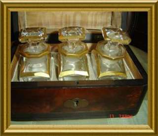   PERFUME BOTTLES INSIDE A GORGEOUS TANTALUS BOX WITH INLAIDS AND KEY