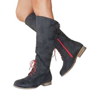   Military Vibe Contrast Red Lacing up Knee High Flat Boots Black AllSz