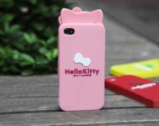   Kitty Double Bow Silicone Soft W/Ear Case Cover For iPhone 4 4G  