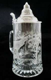   Reindeer Elk GLASS Lidded 1/2 L Beer Stein   ALWE West Germany R12