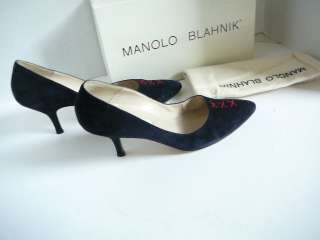 AUTH MANOLO BLAHNIK BIANCO SUEDE NAVY &RED SHOES 39 1/2  