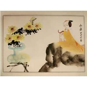  Chinese brush painting (sumi)   oriental lady with mums in 