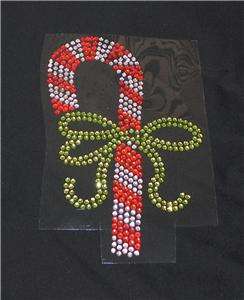 Christmas Candy Cane with Bow Rhinestone Iron On Transfer Bling  