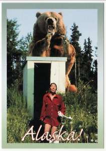 SCARY GRIZZLY BEAR at Alaskan Outhouse Humor Postcard  