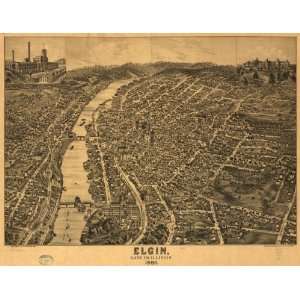  Historic Panoramic Map Elgin, Kane Co., Illinois 1880. Del 