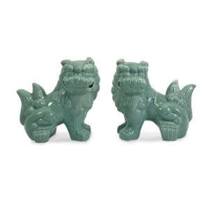   Set of 2 Jade Finish Chinese Ceramic Choo Foo Dogs 10