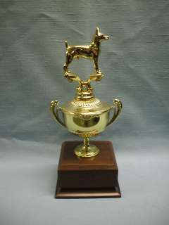 cast metal male dog trophy wide metal cup wood block award 