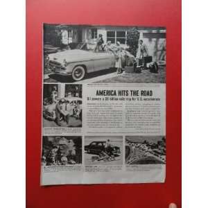 America hits the road, 50s print ad (people/cars.) Orinigal Magazine 