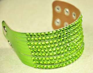Chic Rhinestone PU Leather Charm Bracelet Wristband Cuff 9 Band Green