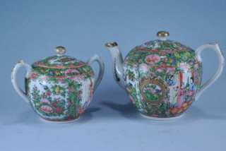 Antique Chinese Rose Medallion Teapot and Covered Sugar Set  