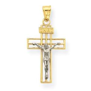  14K Two tone Small INRI Crucifix Pendant: Jewelry