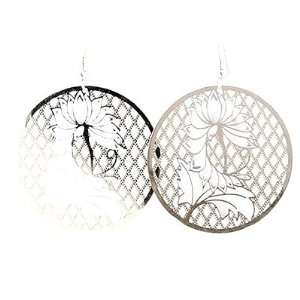    Silvertone Large Round Metal Flower Design Earrings Jewelry