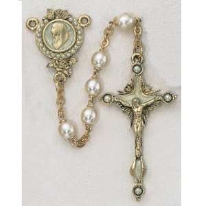  7MM BEAD GLASS PEARLS OF MARY ROSARY GOLD 