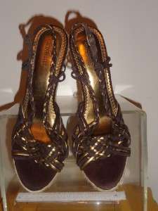   Brown And Gold Leather Wedge Heels Sandals Shoe Shoes Size 10  