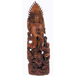  Sandalwood Carved Statue Quan Yin & Child Naga Land Tibet 