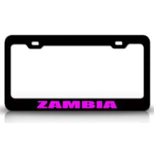 ZAMBIA Country Steel Auto License Plate Frame Tag Holder, Black/Pink