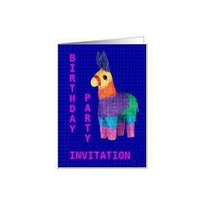  Birthday Party Invitation / Blue   pink   donkey  piñata 