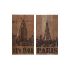  New York Paris Eiffel Tower Wood Wall Art Plaque Set 2 
