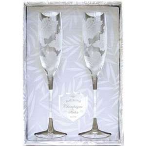  Hawaiian Etched Champagne Flute Hibiscus Set of 2: Kitchen 