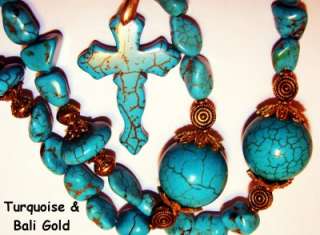   Turquoise ID Badge Lanyard Necklace~Orbs Nuggets w Cross Pendant