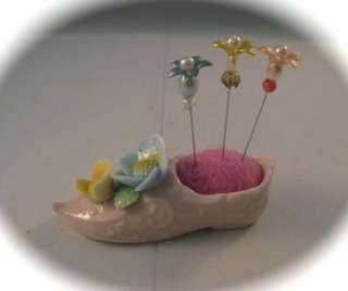   Pink Shoe w/Pastel Flowers Needle Felted Up Cycled Pincushion  