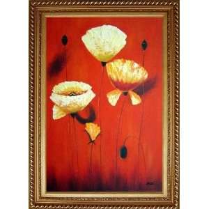 Flowers In Red Background Oil Painting, with Exquisite Dark Gold Wood 
