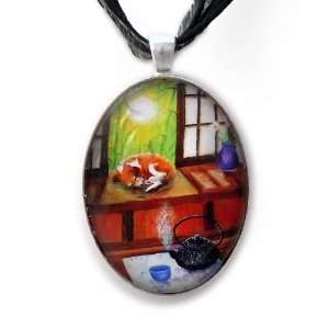   Morning Tea Beagle and Tetsubin Handmade Fine Art Pendant Jewelry