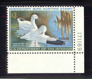 US STAMP #RW37 $3.00 1970 Federal Duck MVVLHH & Flawless Plate Number 