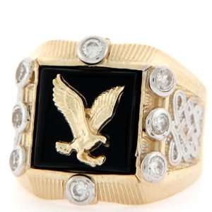    10K Solid Two Tone Gold Onyx Eagle CZ Big Mens Ring Jewelry