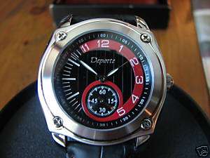 Deporte Gents Decade Black Leather Strap/Black Red Dial  