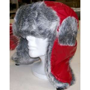  Fox Faux Fur Trooper Bomber Aviator Ski Hat Red w/Gray Fur 