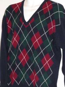 JOHNSTONS of ELGIN 100% Cashmere Argyle V Neck Sweater~44~L~Scotland 