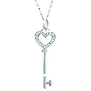 14K White Gold 1/10ct HI Diamond Heart Key Pendant Arts 