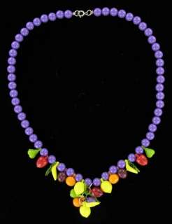 Vintage Plastic Bead Beaded Fruit Salad Charm Necklace  