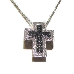 14K White Gold Sterling Silver CZ Black & White Cross Pendant Necklace 