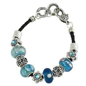   Cord Silvertone Blue Morano Beads Sliding Charm Bracelet Jewelry